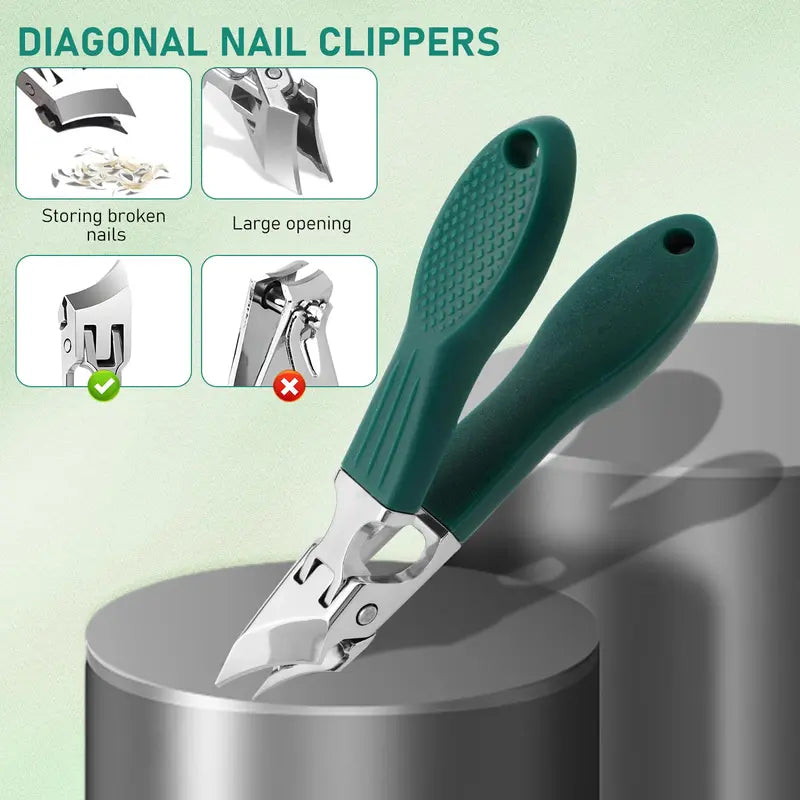 Eagle Beak Beveled Nail Clippers 3Pcs – Wide Jaw Opening Anti-Splash, 25° Slanted Blade, Long Handle | Thick Nails, Seniors & Ingrown Nail Care (Green)