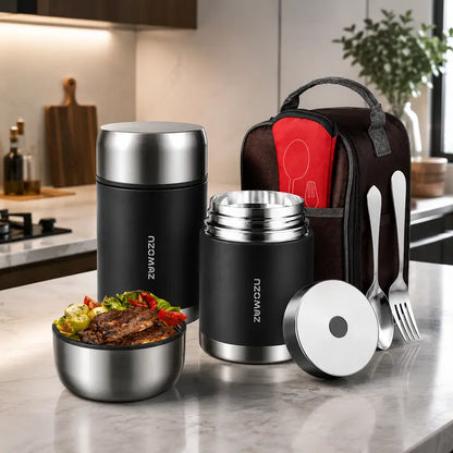 ZUWOZU Vacuum Insulated Food Jar — Wide Mouth Leak-Proof Soup Container with Spoon & Fork, 316 Stainless Steel Thermal Lunch Box for Hot & Cold Food