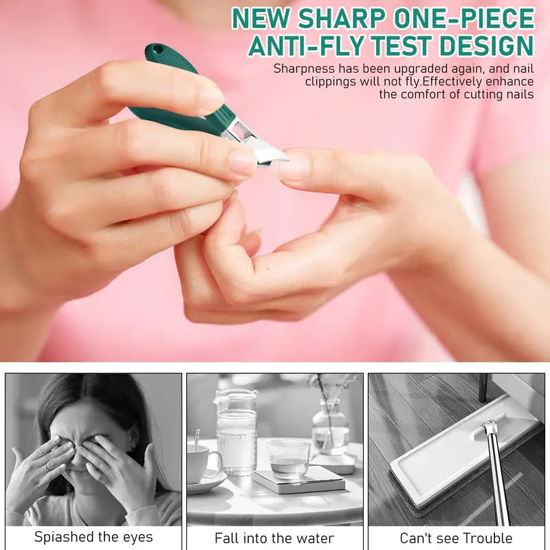 Eagle Beak Beveled Nail Clippers 3Pcs – Wide Jaw Opening Anti-Splash, 25° Slanted Blade, Long Handle | Thick Nails, Seniors & Ingrown Nail Care (Green)