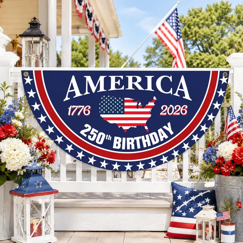 America 250th Birthday Bunting Flag – 1776-2026 USA Patriotic Half Circle Banner