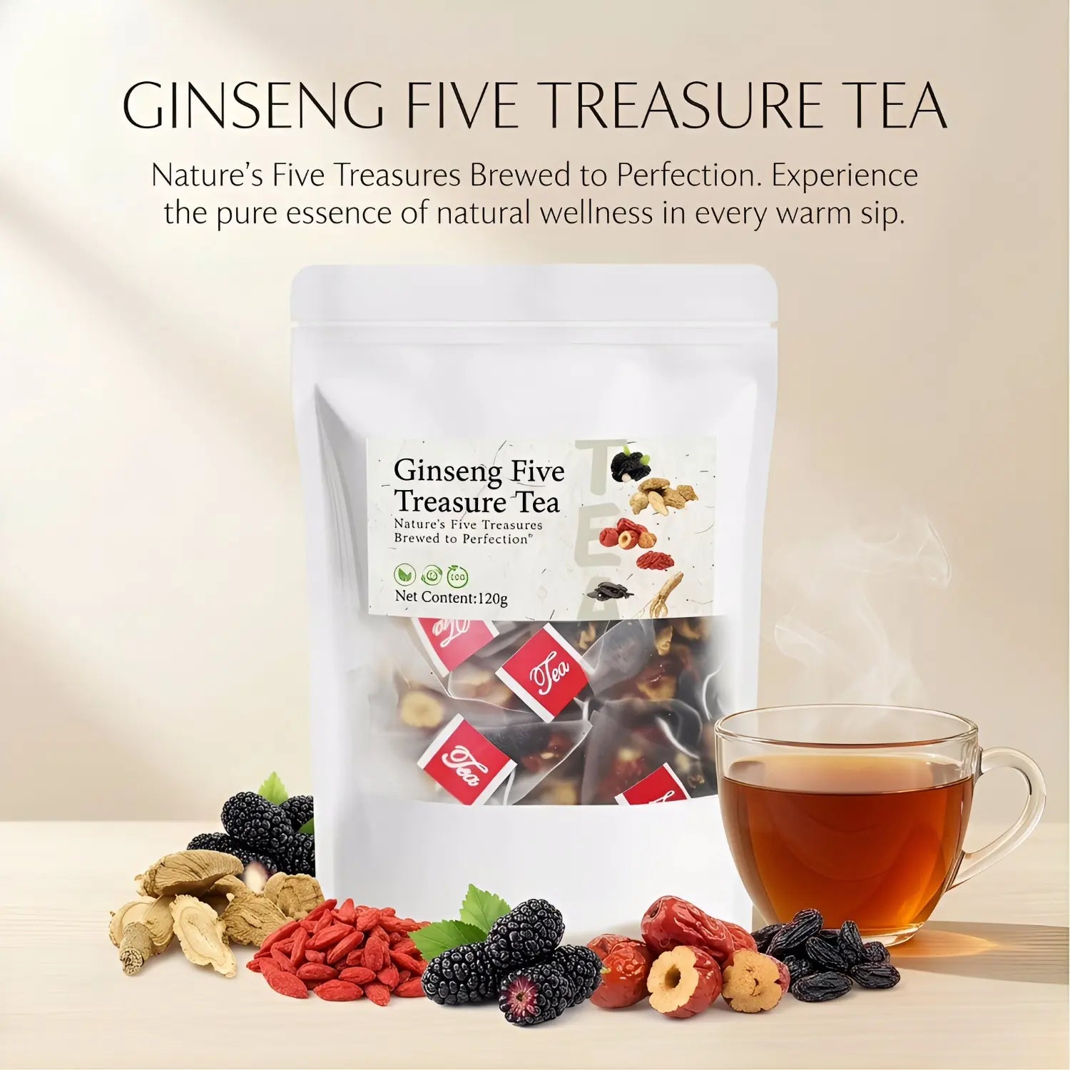 80 bags Kidney Tea Formula | Ginseng Five Treasure Tea | Red Date Wolfberry Mulberry Herbal Health Tea for Men — ZY
