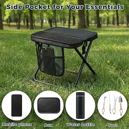 12" Portable Collapsible Stool - Folding Chair with Storage Pouch, Convertible Satchel for Hands-Free Carry & Supports 265Lbs, Ultralight for Hiking, Fishing, Camping, Festivals