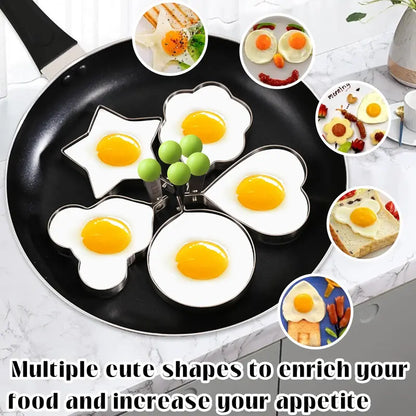 5Pcs Egg Ring Mold, Stainless Steel Fried Egg Shaper with Anti-Scald Handle, Cute Heart/Star/Bear/Flower/Round Pancake Molds for Breakfast, Non-Stick Egg Cooker Rings for Kids - YY