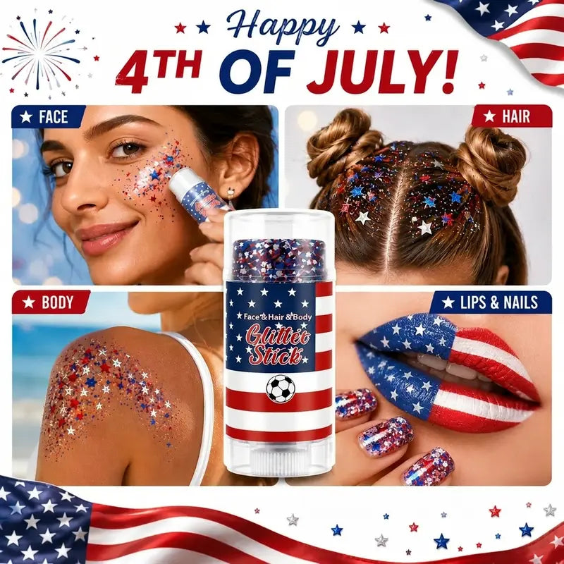 4th of July Glitter Stick | Red, White & Blue Body & Hair Sparkle for Independence Day Party, Festival & Fun Holiday Look
