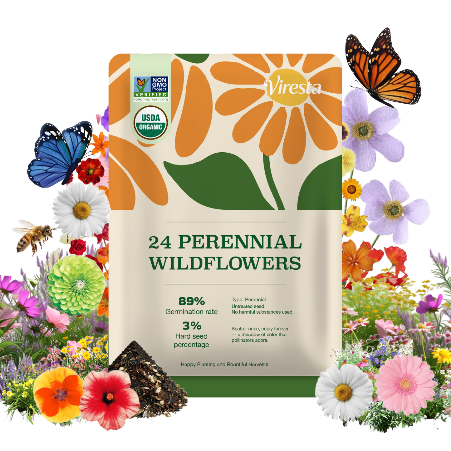 24 Perennial Wildflower Seeds Mix - Premium Non-GMO Pollinator Blend