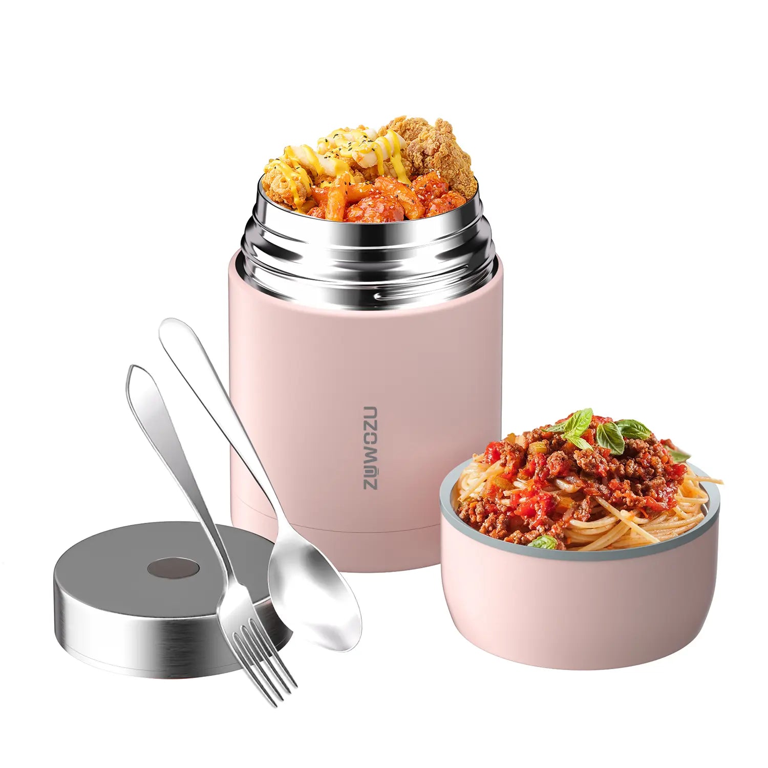 ZUWOZU Vacuum Insulated Food Jar — Wide Mouth Leak-Proof Soup Container with Spoon & Fork, 316 Stainless Steel Thermal Lunch Box for Hot & Cold Food