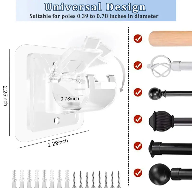 8PCS Curtain Rod Brackets with Clips, Transparent Drapery Hooks, Adjustable Rod Holder, Multipurpose Wall Mount for Living Room, Bathroom, Kitchen, Bedroom