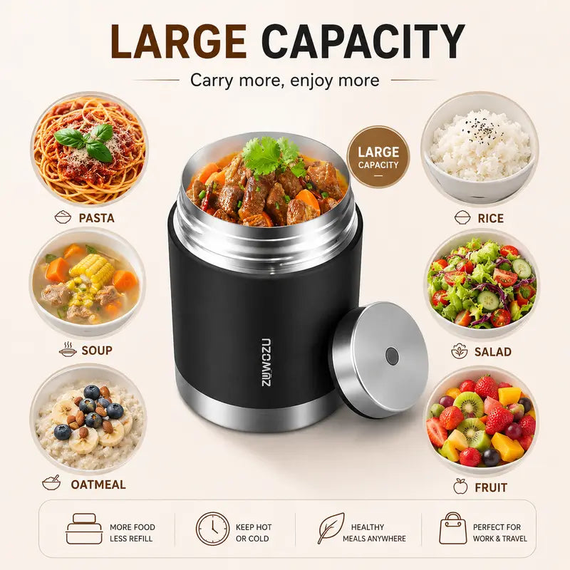 ZUWOZU Vacuum Insulated Food Jar — Wide Mouth Leak-Proof Soup Container with Spoon & Fork, 316 Stainless Steel Thermal Lunch Box for Hot & Cold Food