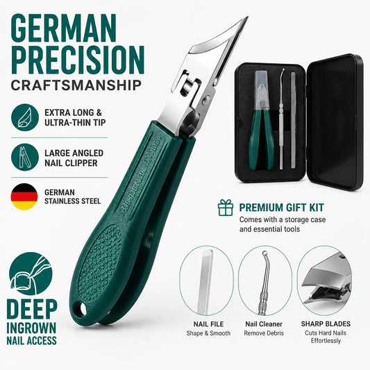Eagle Beak Beveled Nail Clippers 3Pcs – Wide Jaw Opening Anti-Splash, 25° Slanted Blade, Long Handle | Thick Nails, Seniors & Ingrown Nail Care (Green)