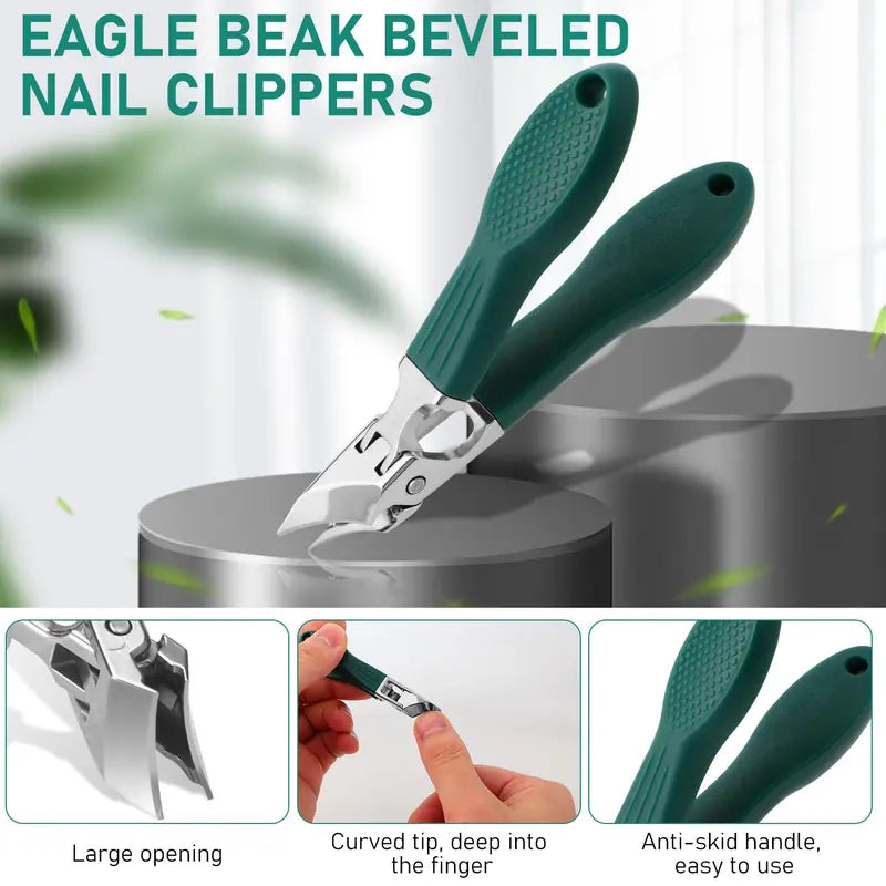 Eagle Beak Beveled Nail Clippers 3Pcs – Wide Jaw Opening Anti-Splash, 25° Slanted Blade, Long Handle | Thick Nails, Seniors & Ingrown Nail Care (Green)