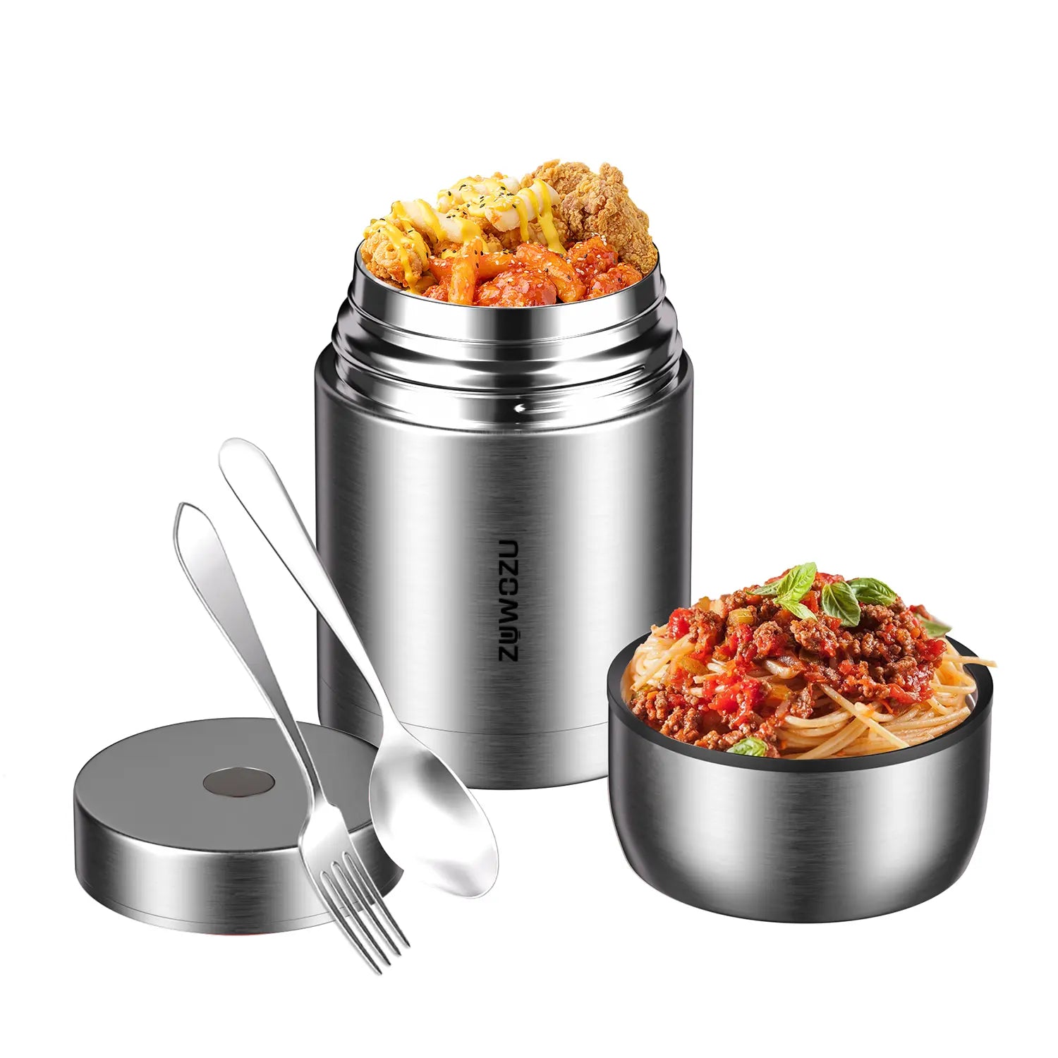 ZUWOZU Vacuum Insulated Food Jar — Wide Mouth Leak-Proof Soup Container with Spoon & Fork, 316 Stainless Steel Thermal Lunch Box for Hot & Cold Food