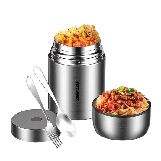 ZUWOZU Vacuum Insulated Food Jar — Wide Mouth Leak-Proof Soup Container with Spoon & Fork, 316 Stainless Steel Thermal Lunch Box for Hot & Cold Food